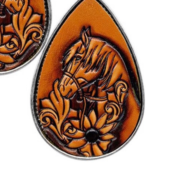 Tooled Leather Western Horse Floral Boho Teardrop Earrings - Picture 2 of 4